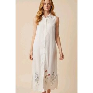 Studio Ease Linen Blend Button Front Maxi Dress White Floral Embroidered Sz‎ 16